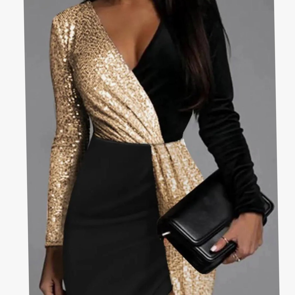 Dames colorblock kerstfeestjurk met gouden pailletten en lange mouwen