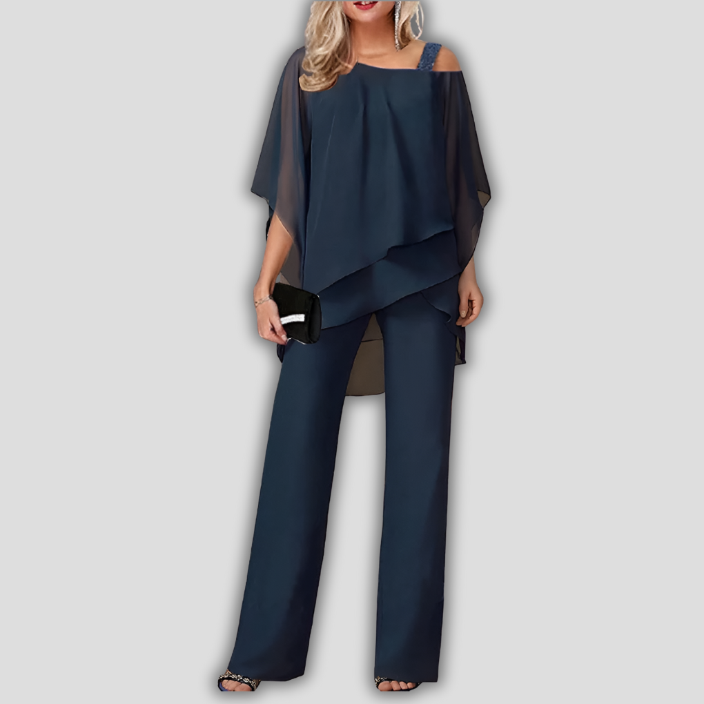 Elegante 2-delige dames chiffon set met broek en cape blouse met laagjes