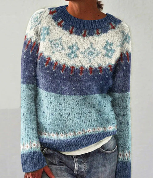 Gebreide dames trui met ronde hals en Fair Isle-motief