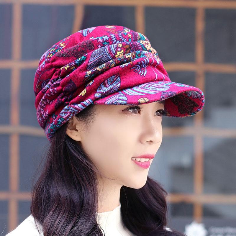 Geplooide pet met bloemenprint en korte klep voor dames - Warm en stijlvol