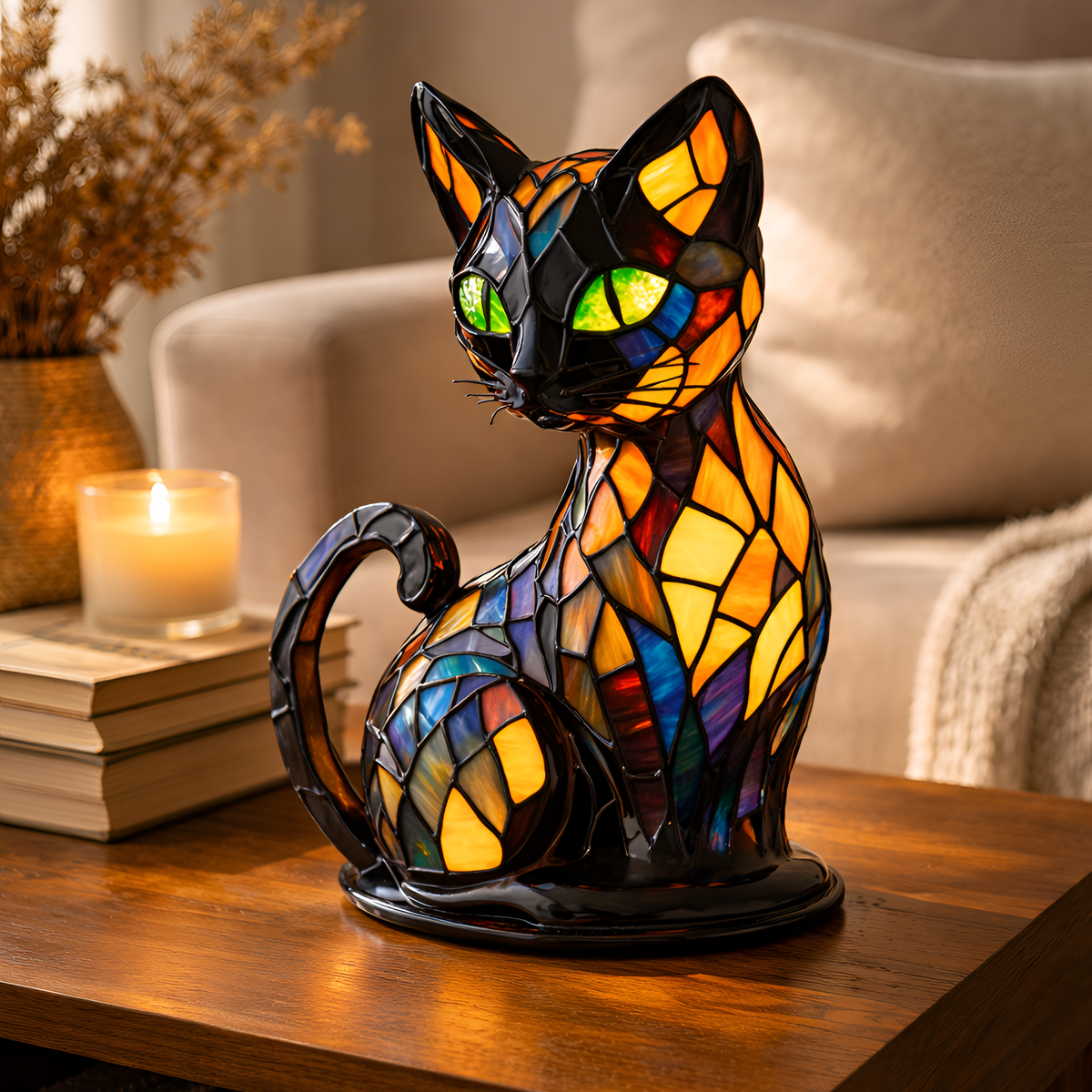 Glas-in-loodlamp in de vorm van een kat