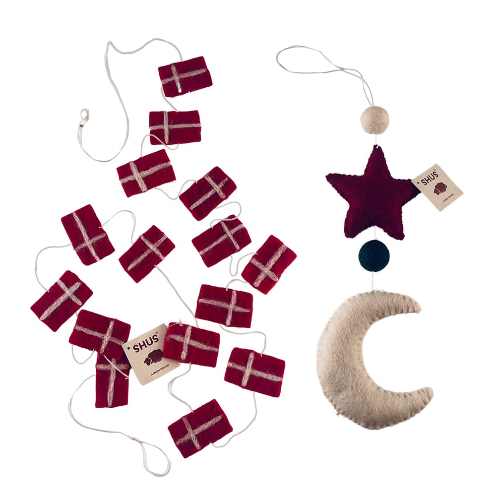 Kerstversiering maan, ster en planeten - Handgemaakt - 100% zuivere wol