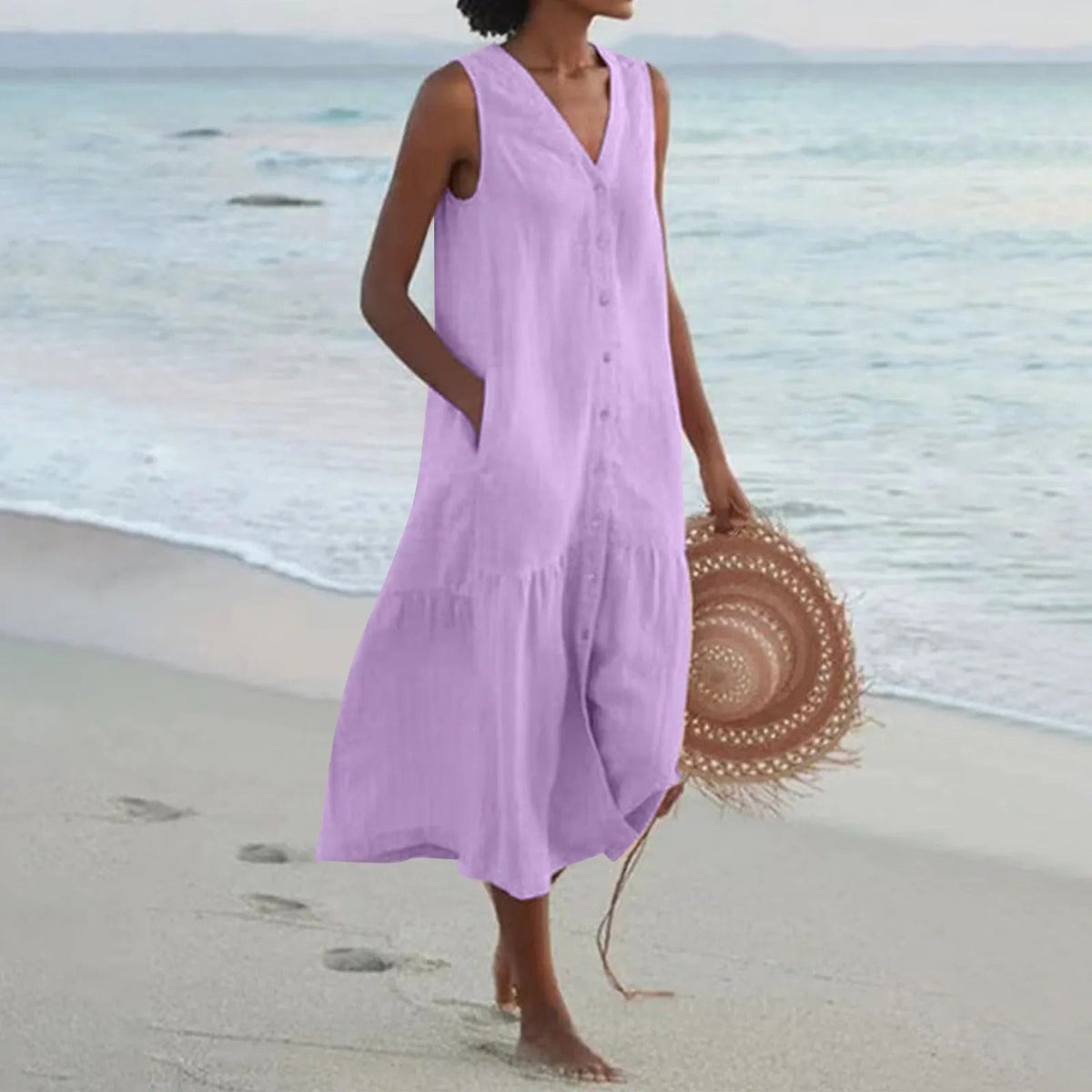 Mouwloze midi-jurk met V-hals voor dames