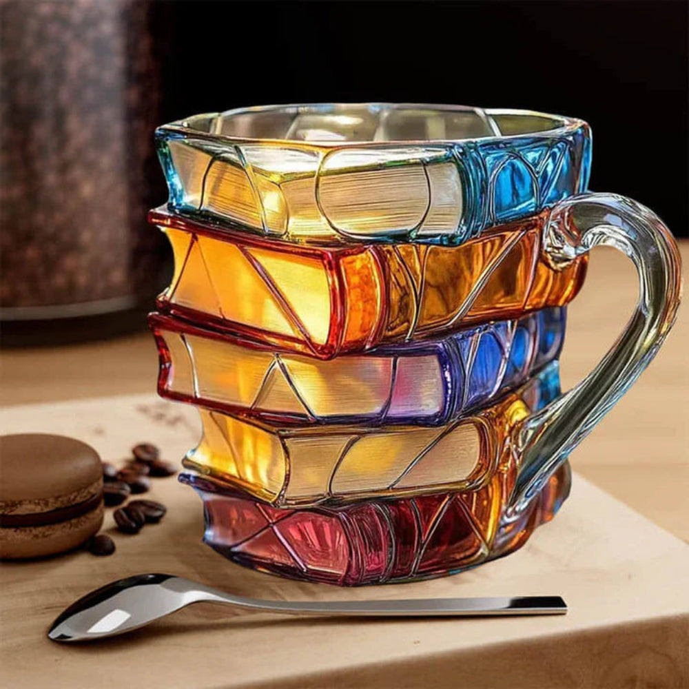3D glazen mok in boekdesign als literair cadeau