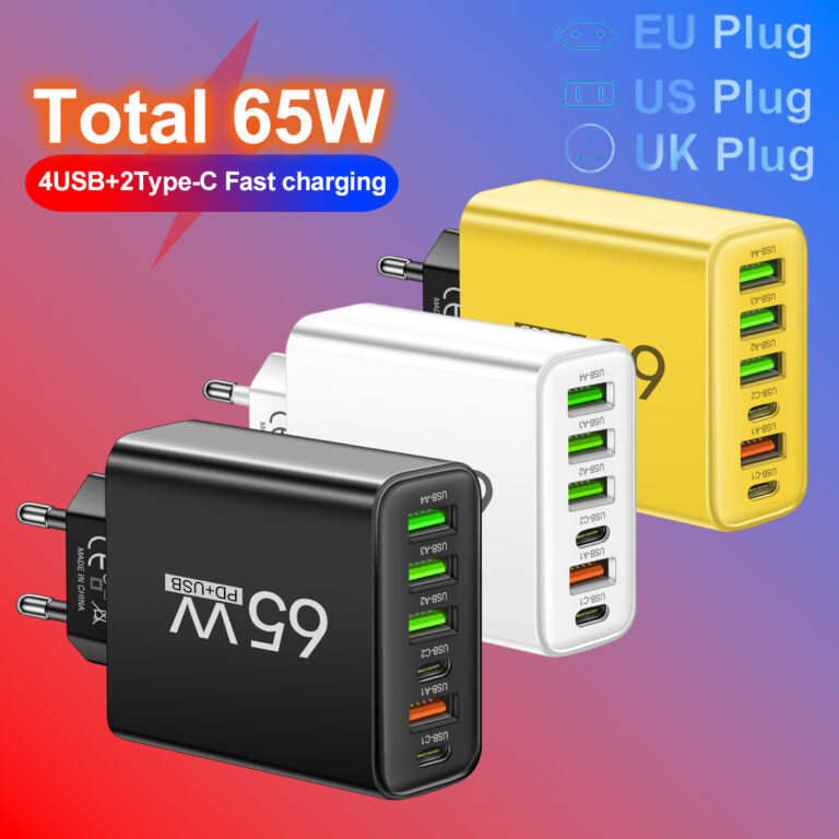 65W USB-oplader met zes poorten voor kantoor, thuis en op reis