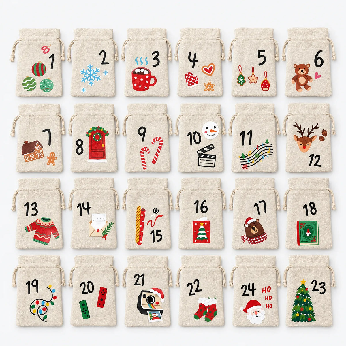 Adventskalenderzakjes om zelf te vullen – 24 stoffen zakjes met cijfers en trekkoord, 15 x 10 cm, herbruikbaar