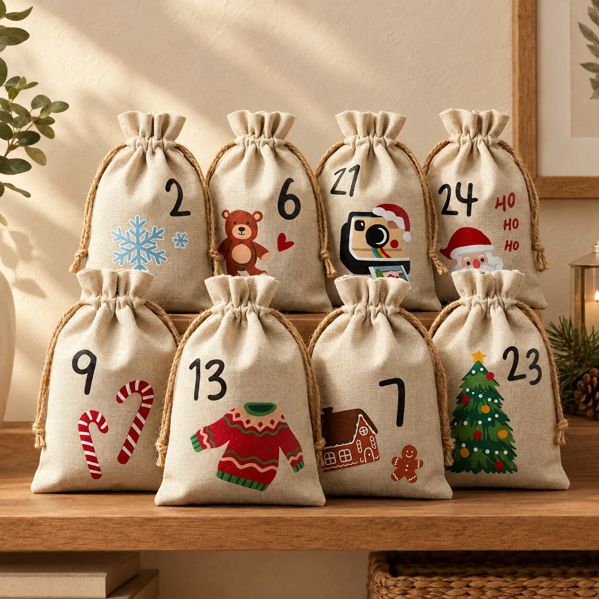 Adventskalenderzakjes om zelf te vullen – 24 stoffen zakjes met cijfers en trekkoord, 15 x 10 cm, herbruikbaar