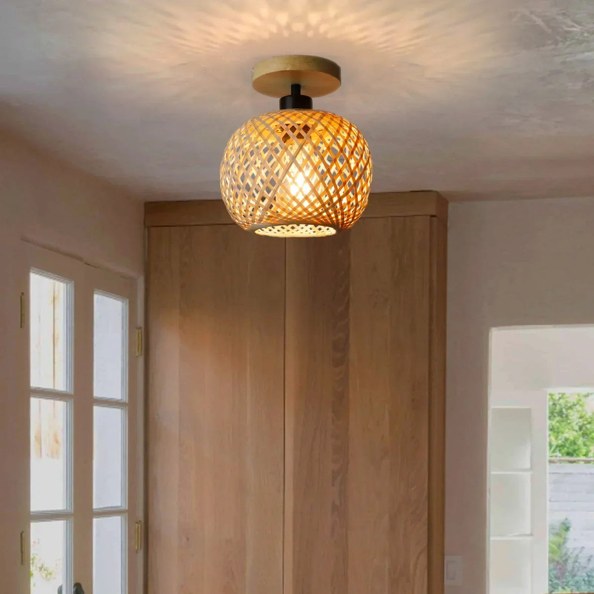 Bamboe plafondlamp | Handgevlochten rotan ledlamp