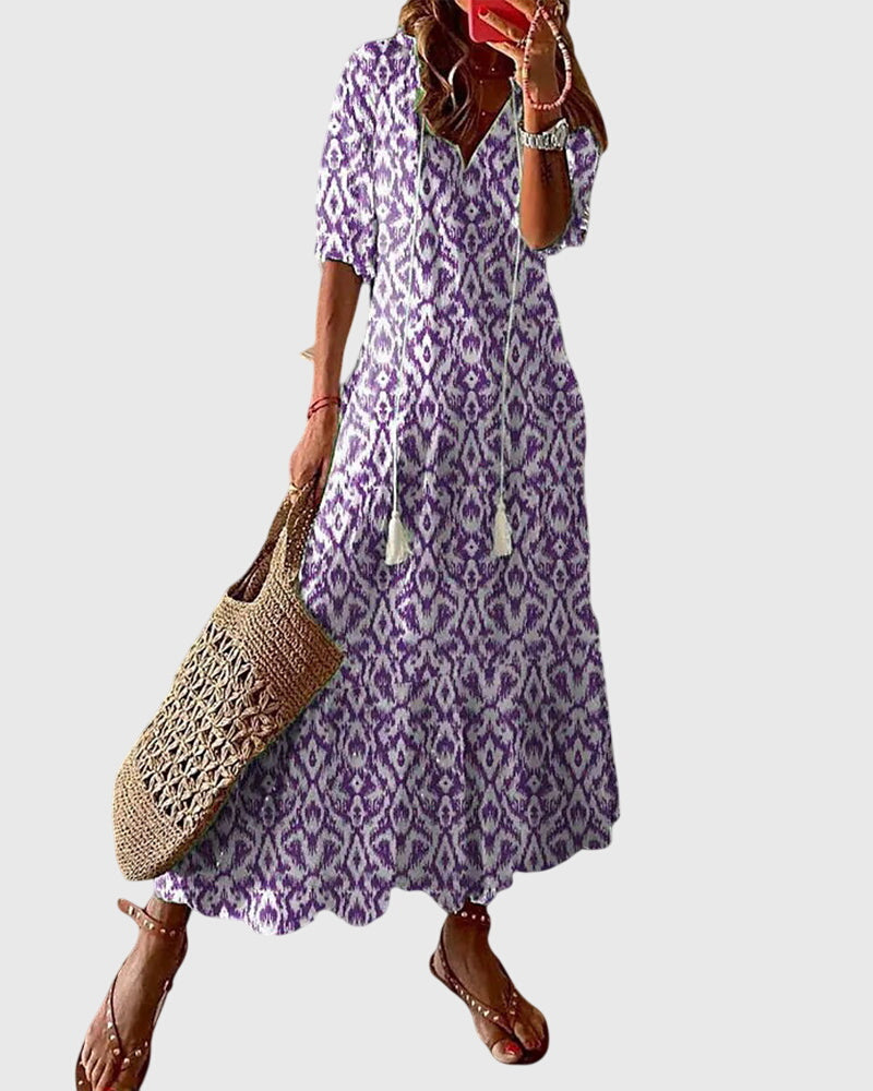 Bedrukte dames maxi-jurk met V-hals