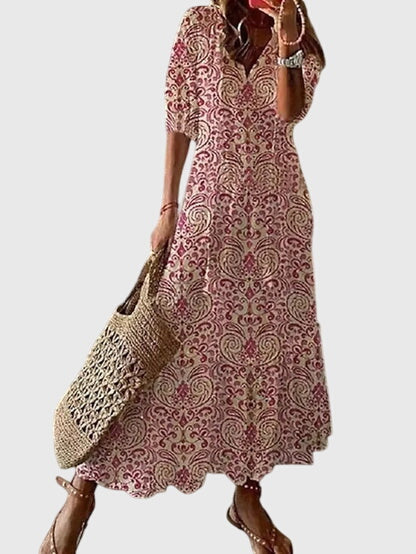 Bedrukte dames maxi-jurk met V-hals