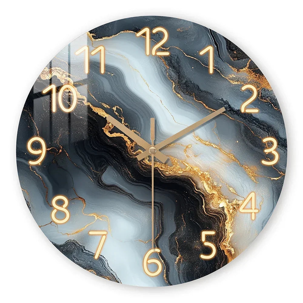 Blauw-gouden wandklok met marmerpatroon | Houten wandklok met stil uurwerk