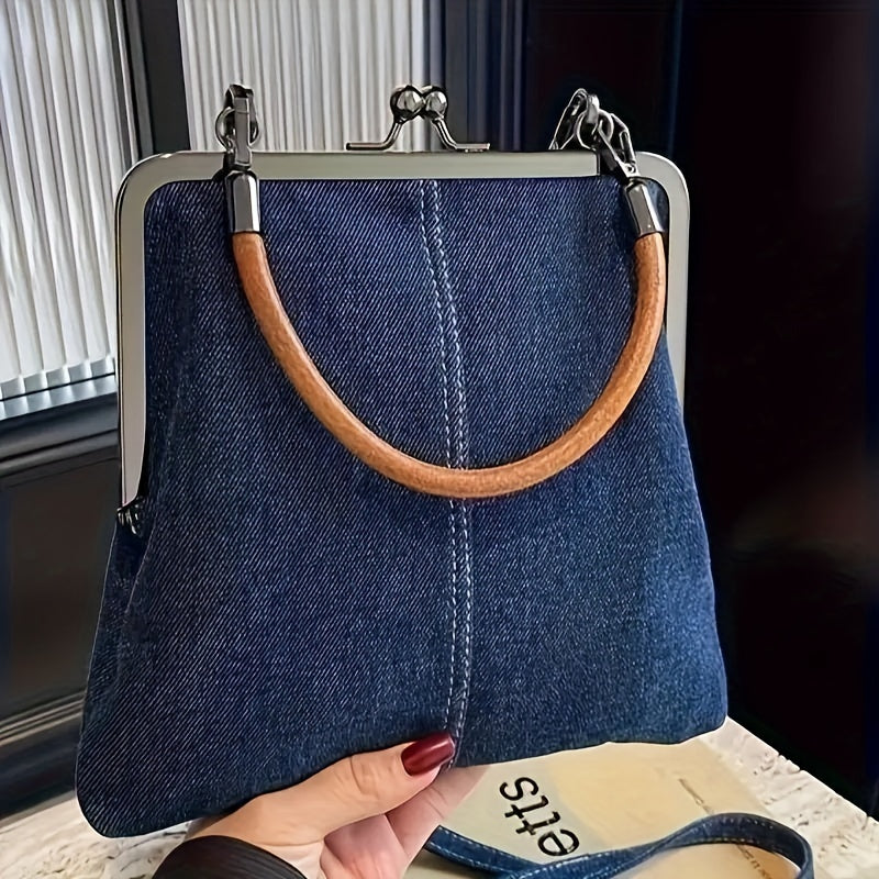 Blauwe spijkerhandtas voor dames met metalen sluiting en een bruin afgerond handvat