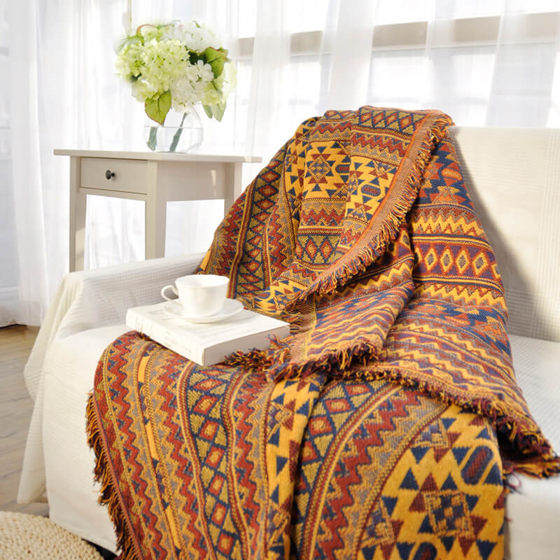 Bohemian gebreid bankplaid met franjes