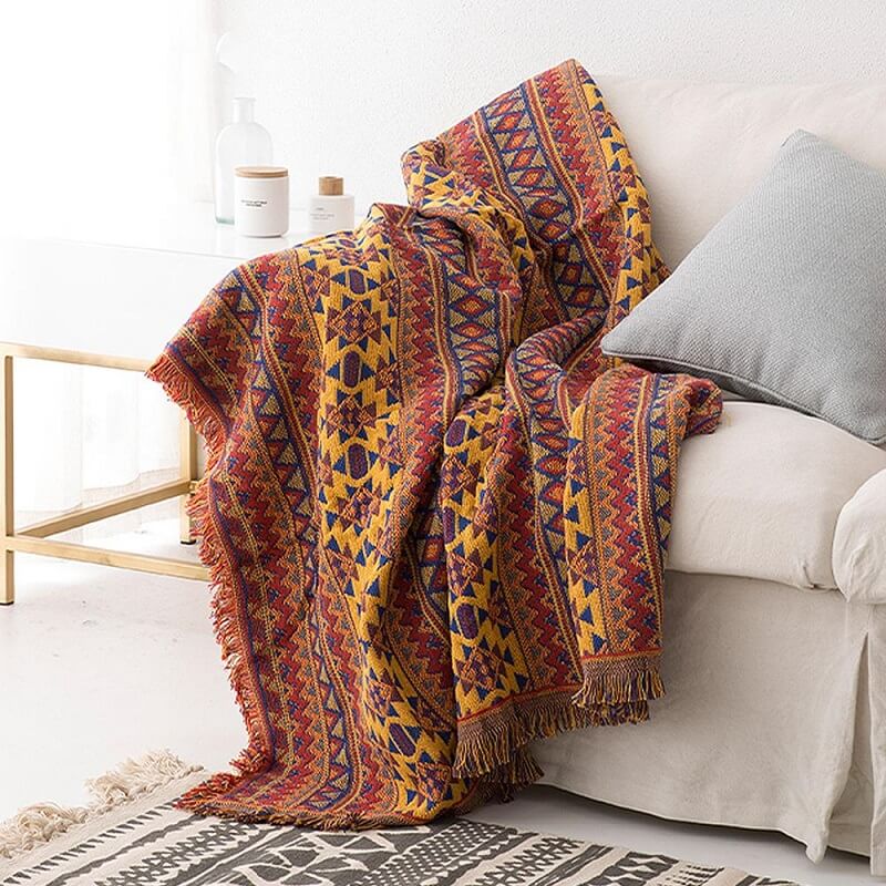 Bohemian gebreid bankplaid met franjes