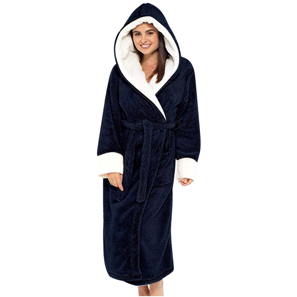 Comfortabele fleece ochtendjas met capuchon en strikceintuur