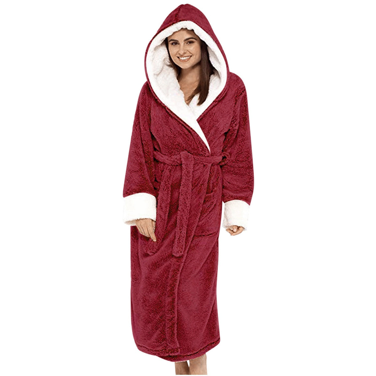 Comfortabele fleece ochtendjas met capuchon en strikceintuur