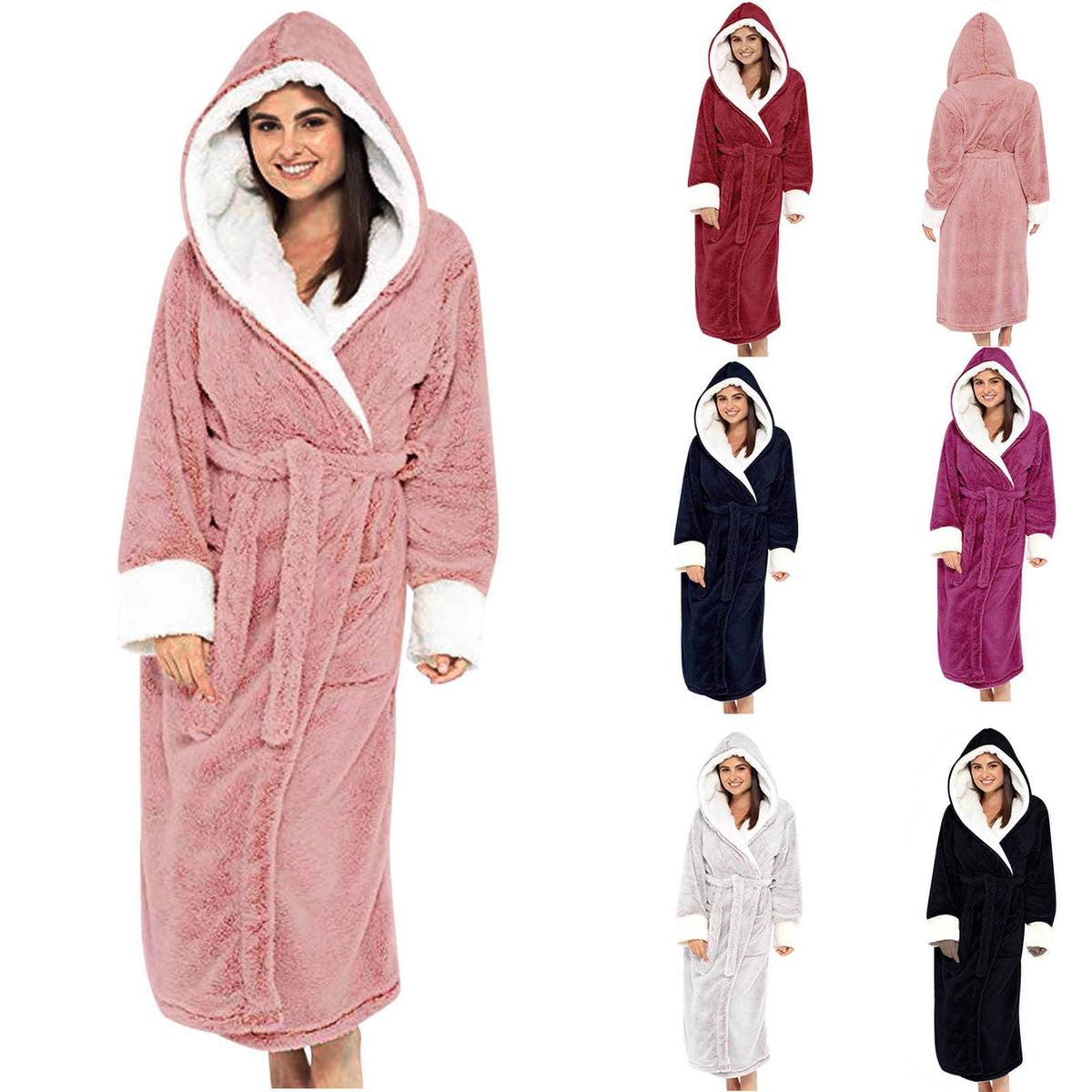 Comfortabele fleece ochtendjas met capuchon en strikceintuur