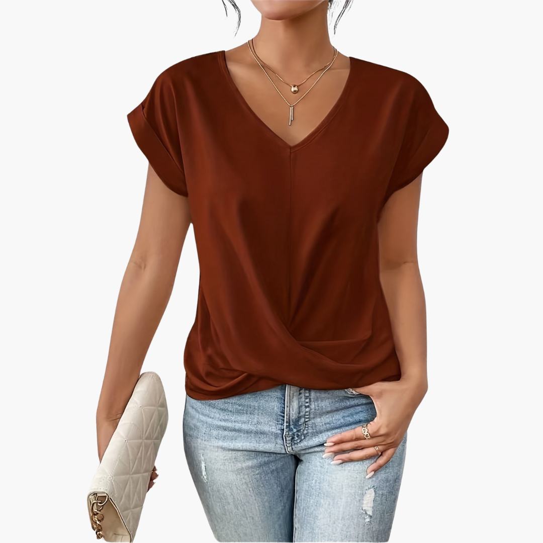Dames T-shirt met V-hals en knoopdetail aan de voorkant