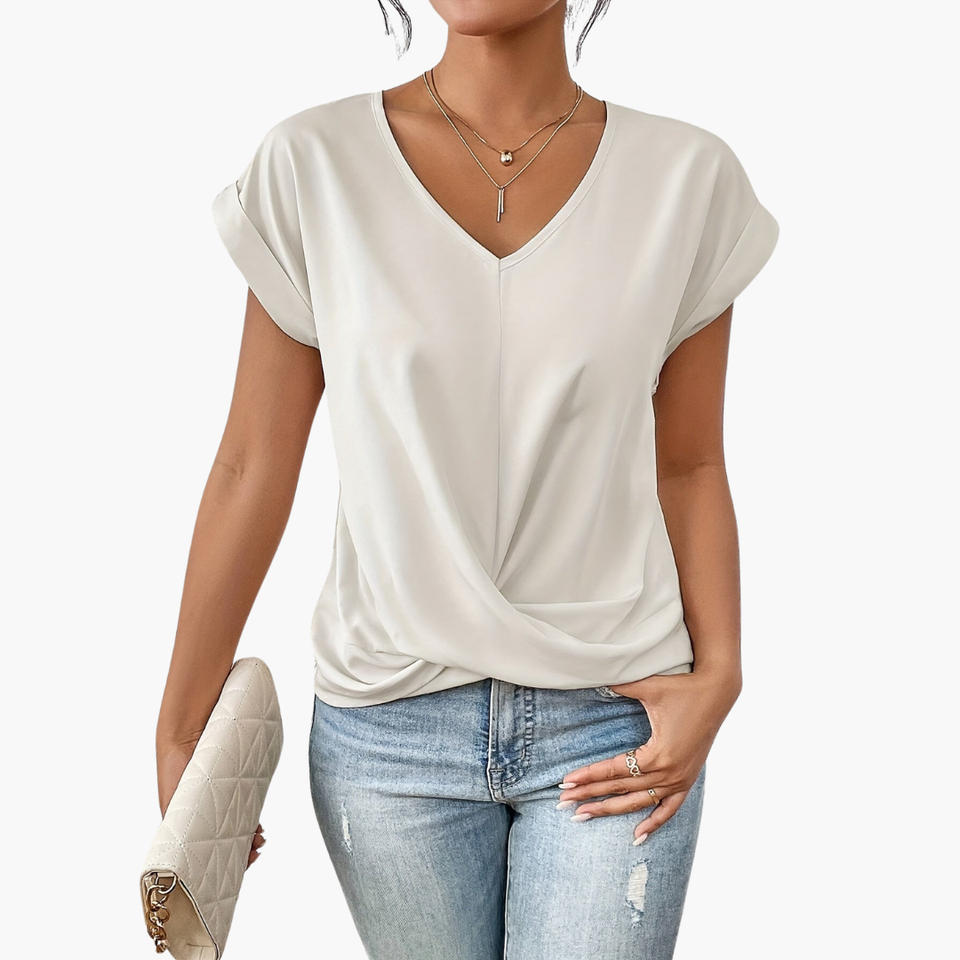 Dames T-shirt met V-hals en knoopdetail aan de voorkant