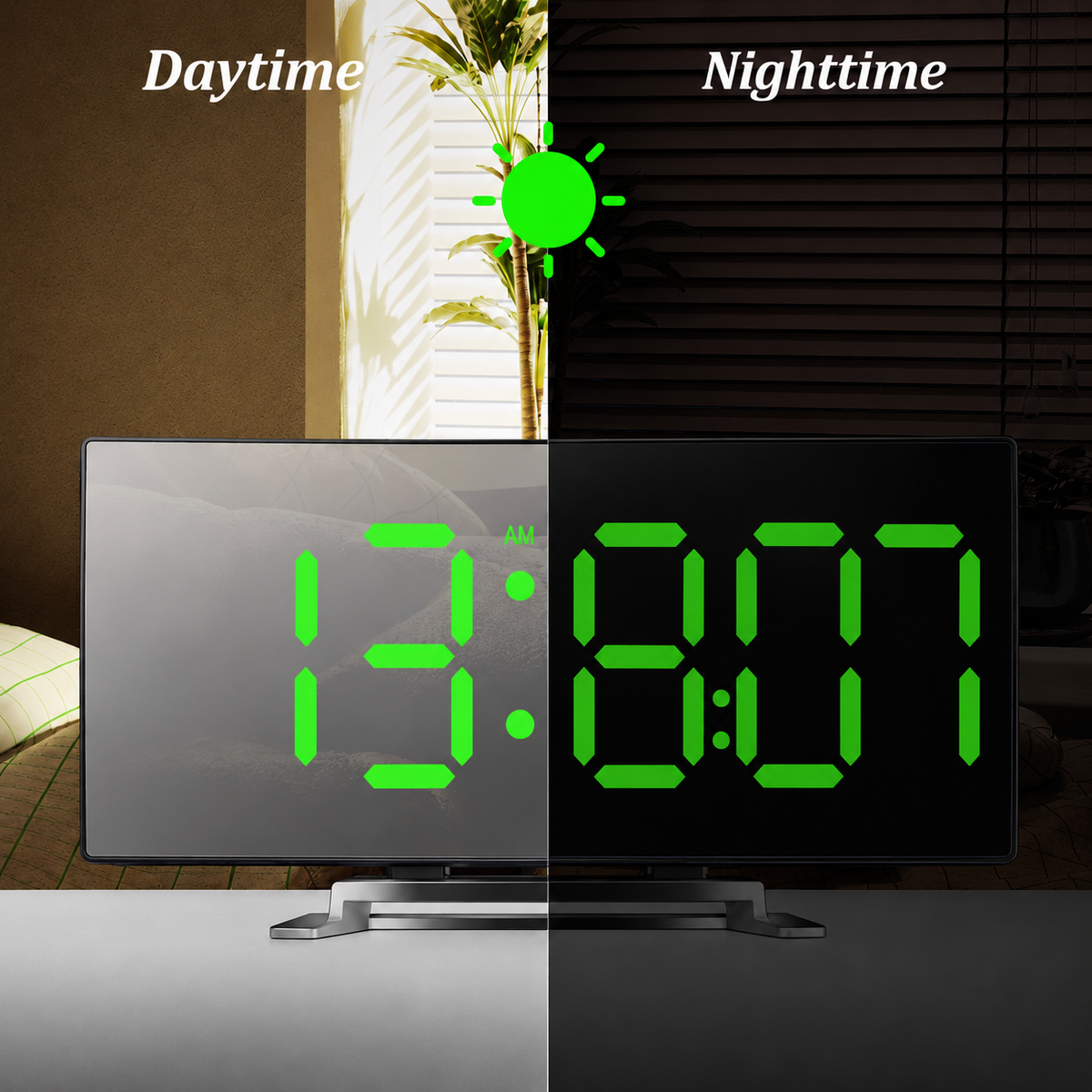 Digitale klok | LED spiegelwekker | Automatisch dimbaar en verblindingsvrij | Gebogen klok