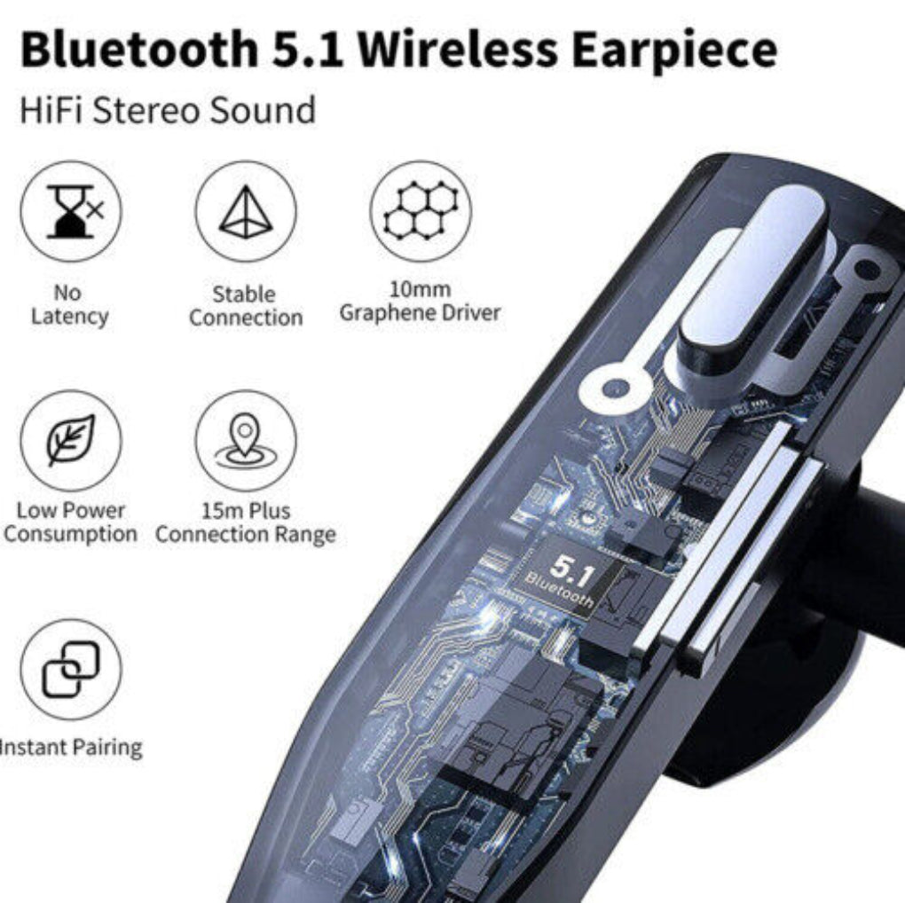 Draadloze Bluetooth 5.1 Earpiece met Oorhaak en Ruisonderdrukking