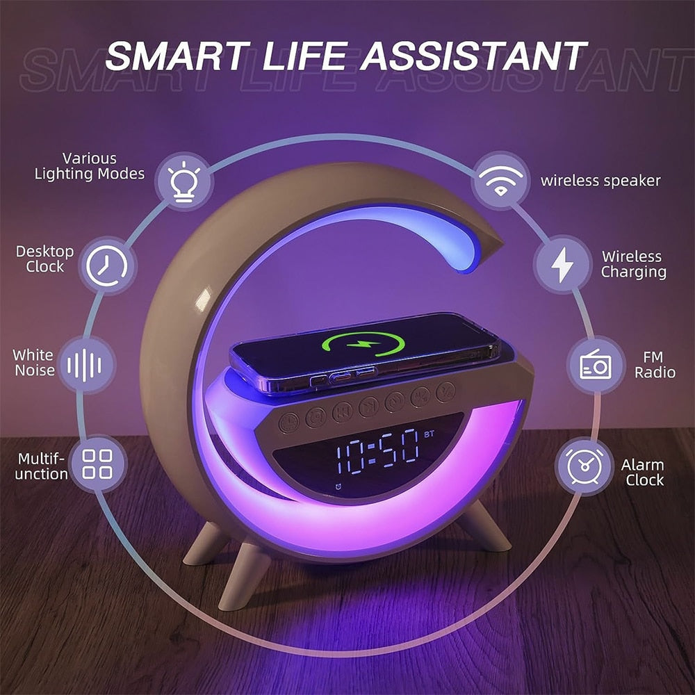 Draadloze oplader met bluetooth speaker en RGB-lamp