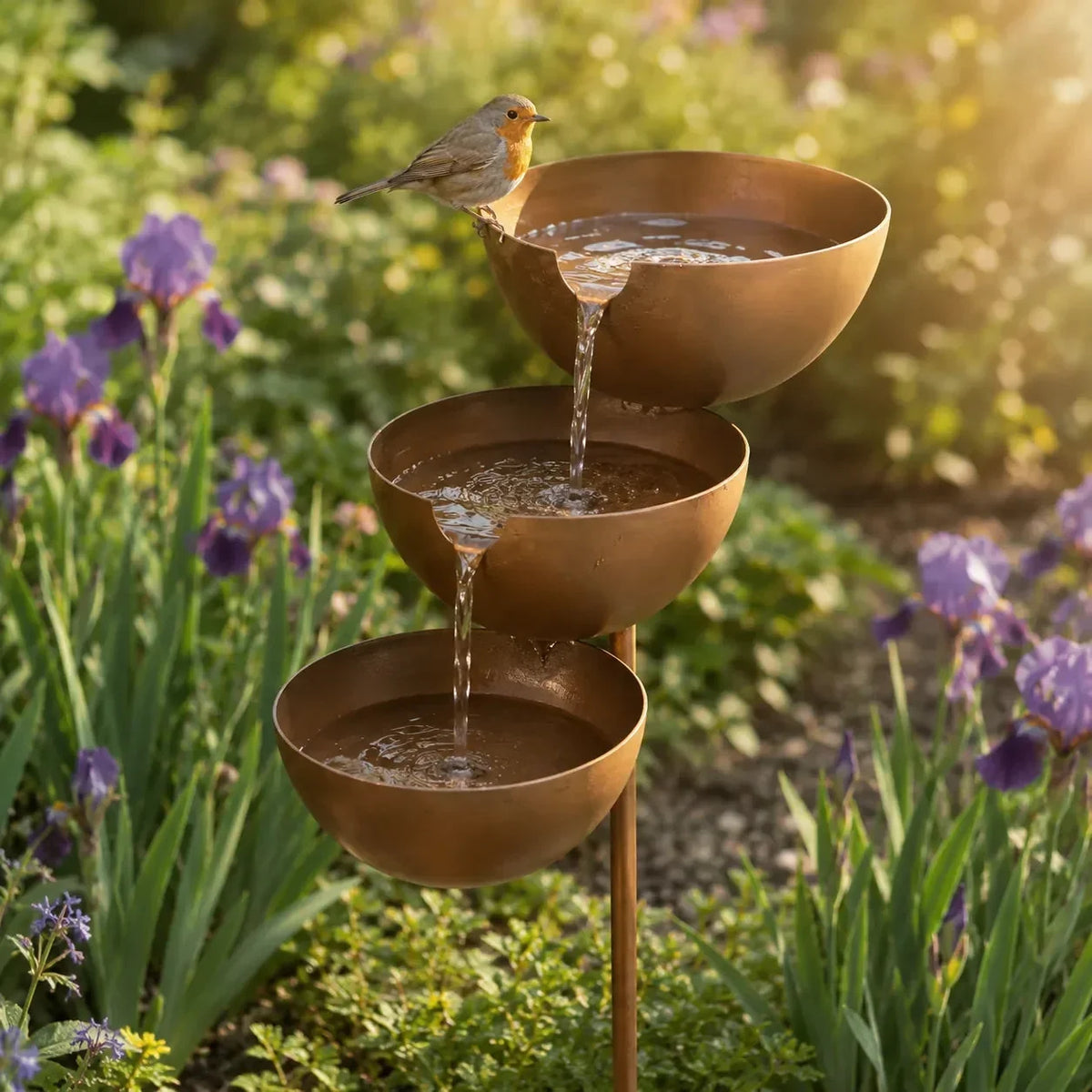 Driedelige tuinsteker als vogeldrinkbak met cascade opvangschaaltjes voor regenwater