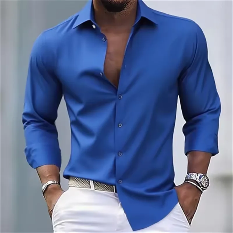 Effen formeel herenoverhemd met lange mouwen, knopen en slim fit
