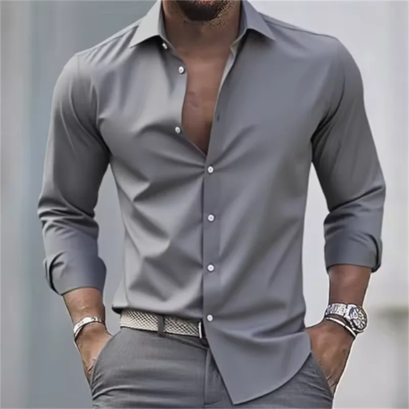Effen formeel herenoverhemd met lange mouwen, knopen en slim fit