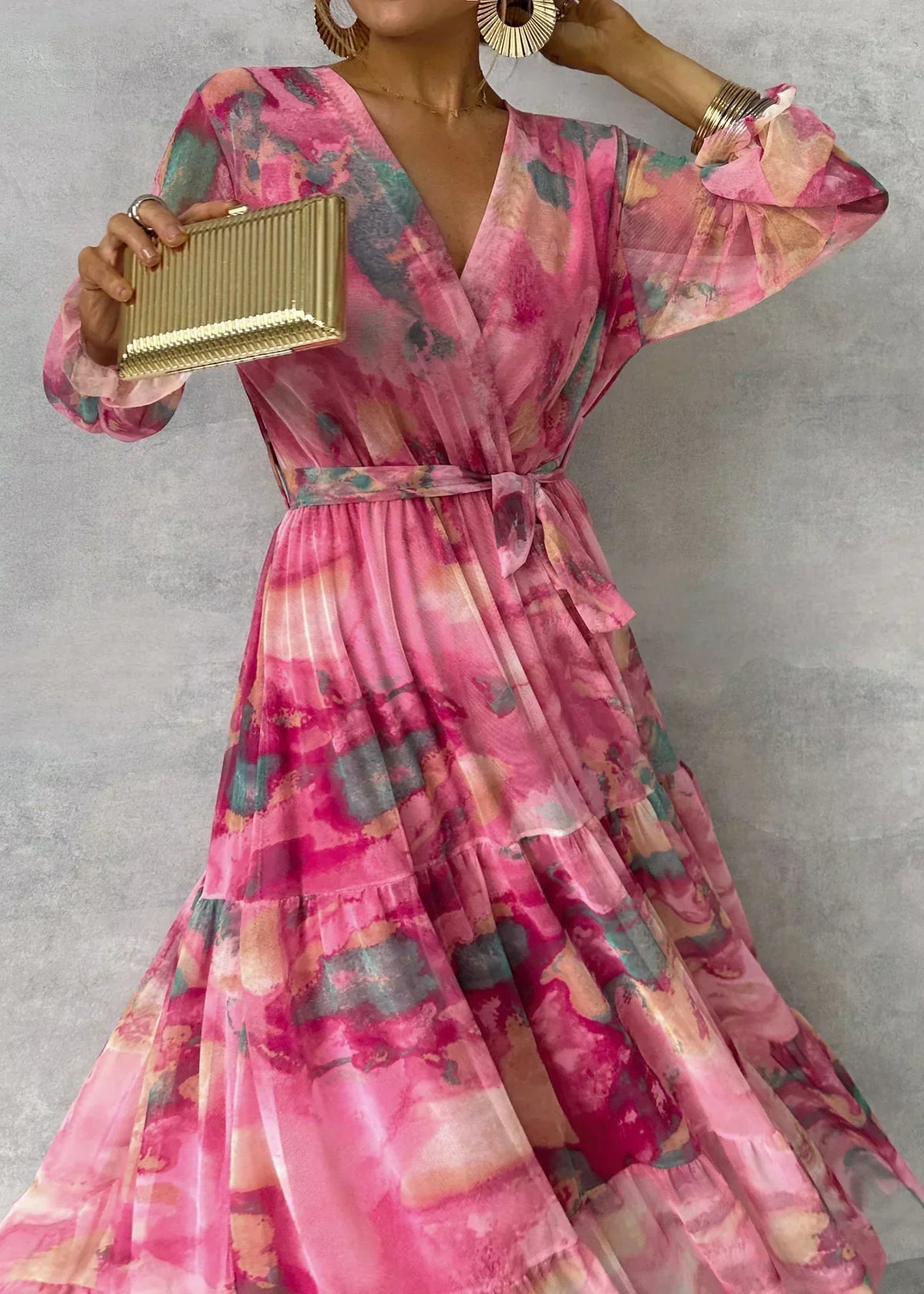 Elegante lange maxi-wikkeljurk met lange mouwen - Feestkleding