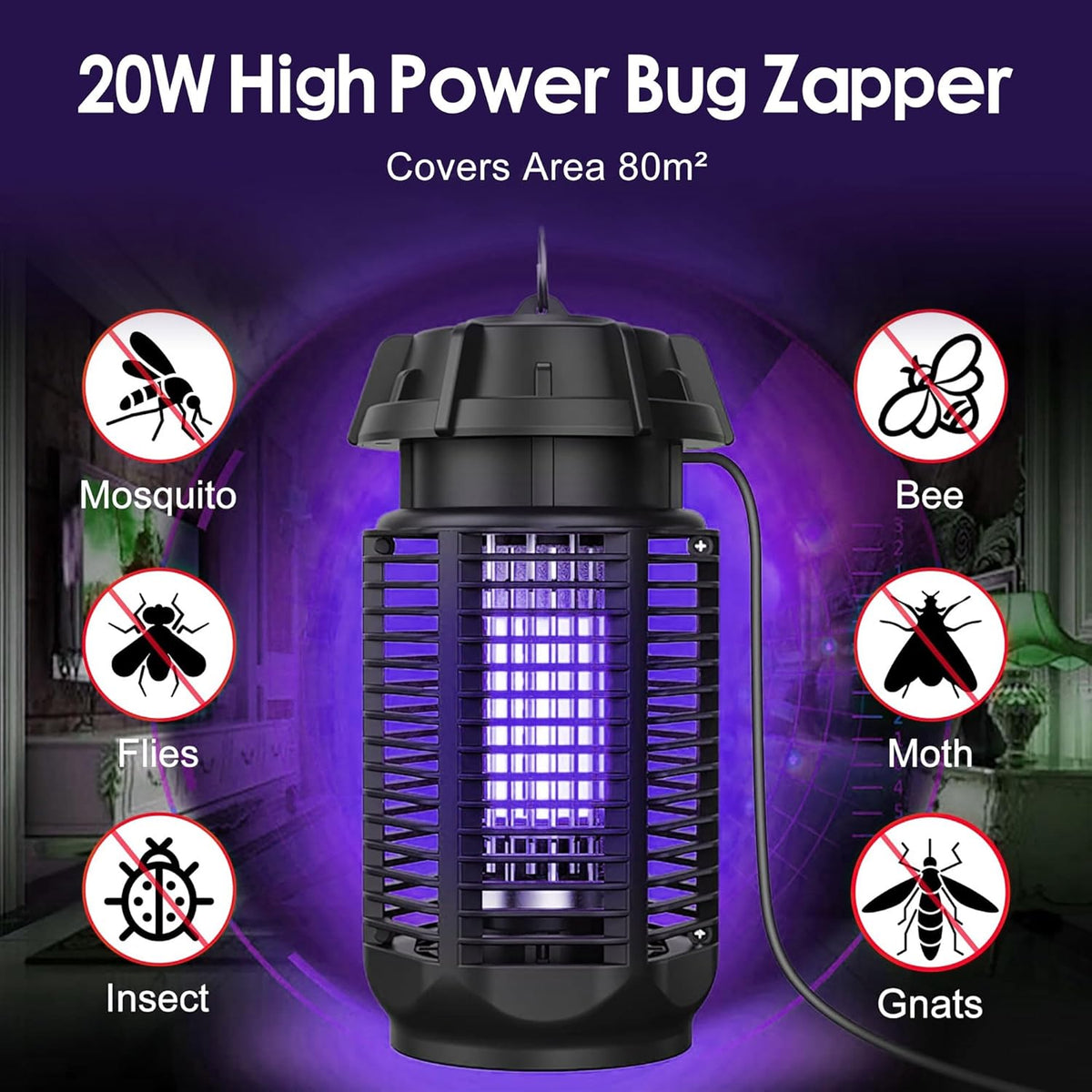 Elektrische insectenverdelger met 20W uv-licht en 4200V hoogspanningsrooster, IPX4 waterdicht