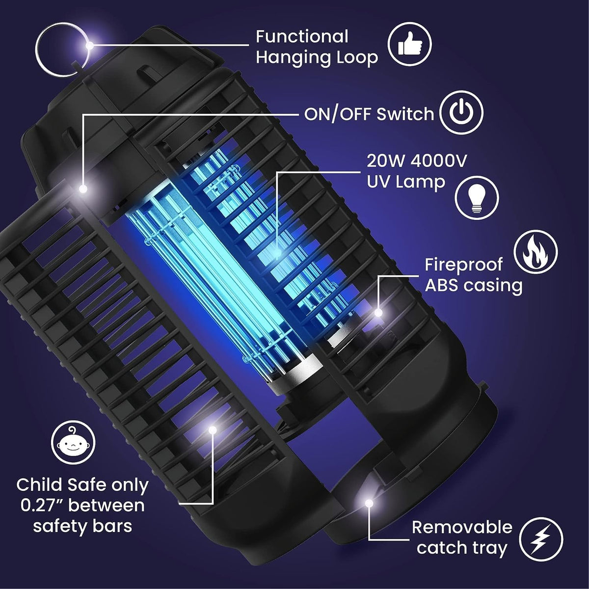 Elektrische insectenverdelger met 20W uv-licht en 4200V hoogspanningsrooster, IPX4 waterdicht
