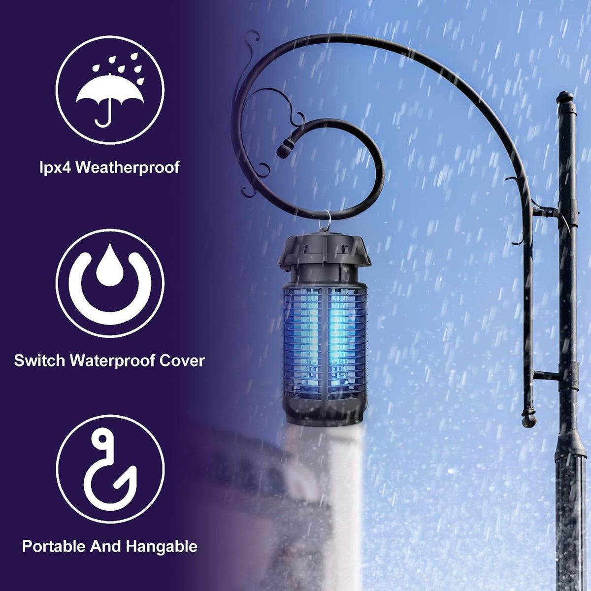 Elektrische insectenverdelger met 20W uv-licht en 4200V hoogspanningsrooster, IPX4 waterdicht