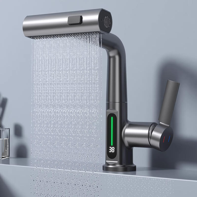 Flexibele led-keuken- en badkamerkraan – 360° draaibaar, uittrekbare slang & 5 sproeistanden