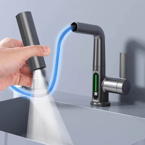 Flexibele led-keuken- en badkamerkraan – 360° draaibaar, uittrekbare slang & 5 sproeistanden