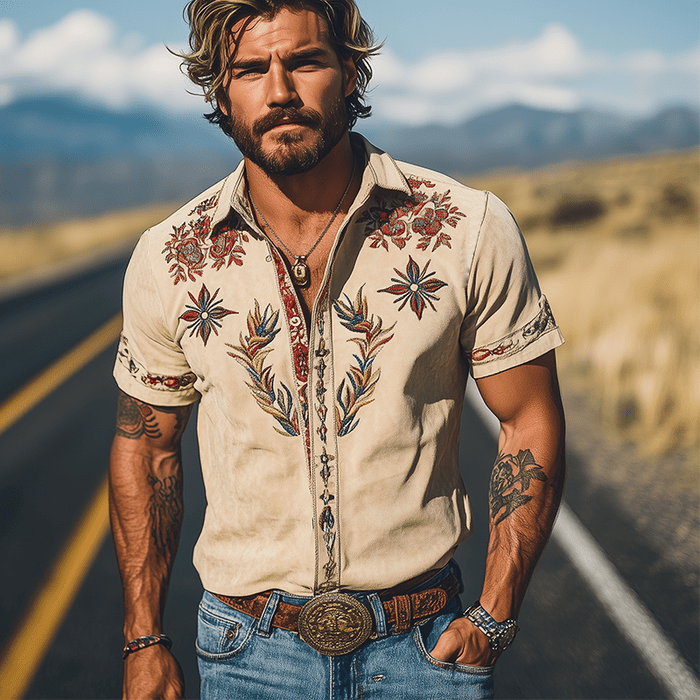 Geborduurd western overhemd met korte mouwen in retrostijl