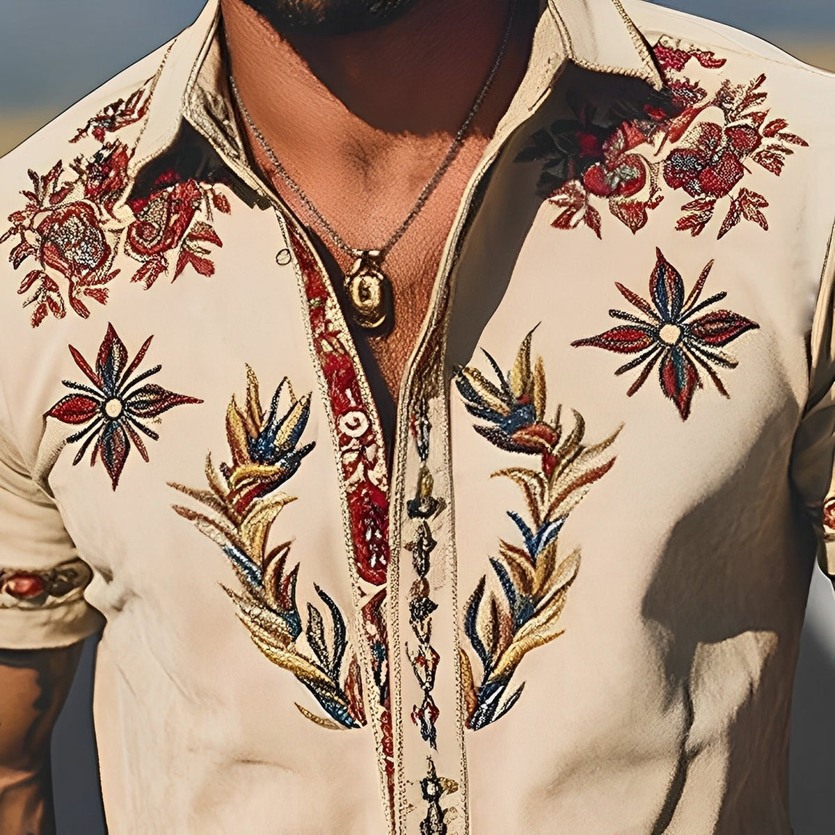 Geborduurd western overhemd met korte mouwen in retrostijl