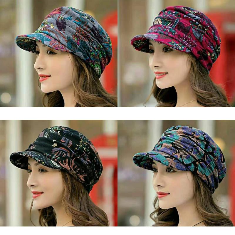 Geplooide pet met bloemenprint en korte klep voor dames - Warm en stijlvol