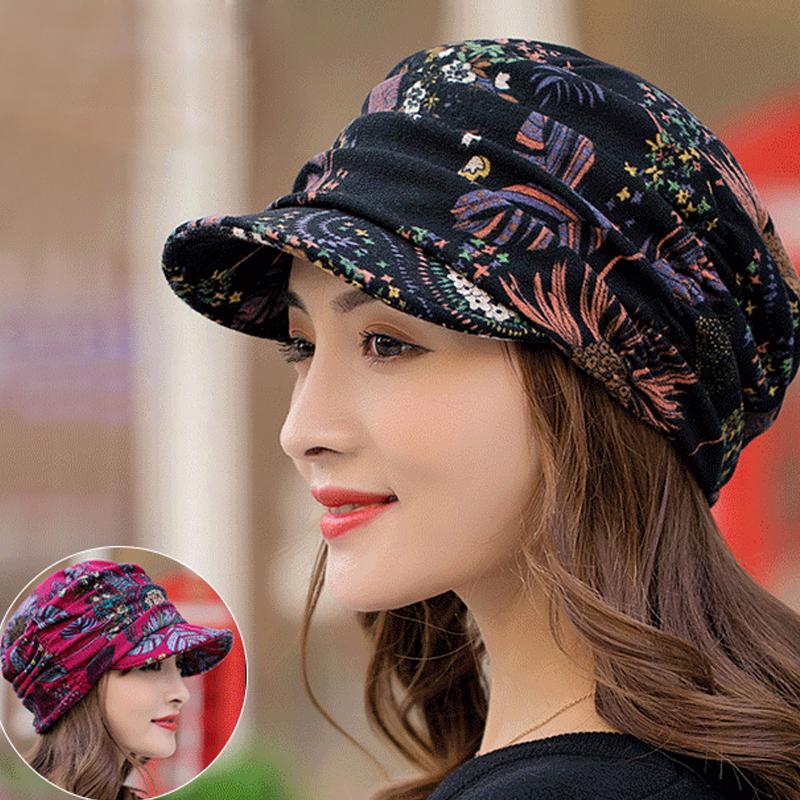 Geplooide pet met bloemenprint en korte klep voor dames - Warm en stijlvol
