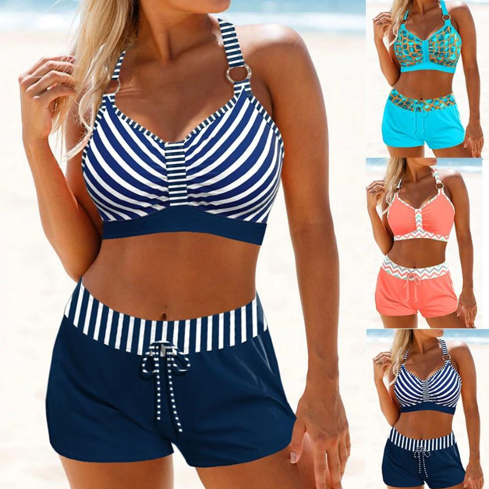 Gestreepte nautische zwemset voor dames met shorts