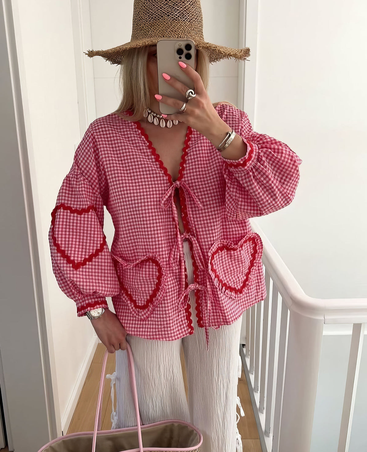 Gingham geruite damesblouse met open voorkant