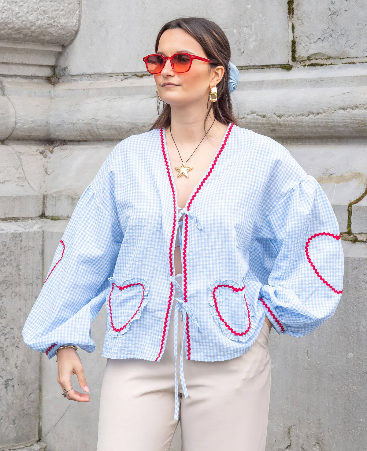 Gingham geruite damesblouse met open voorkant