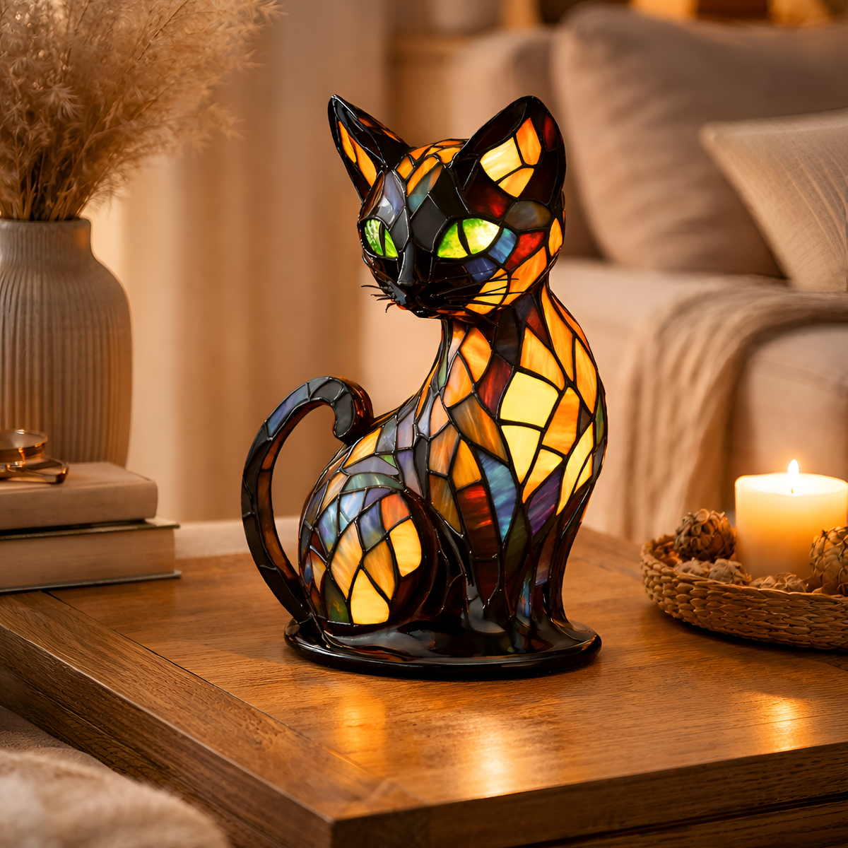 Glas-in-loodlamp in de vorm van een kat