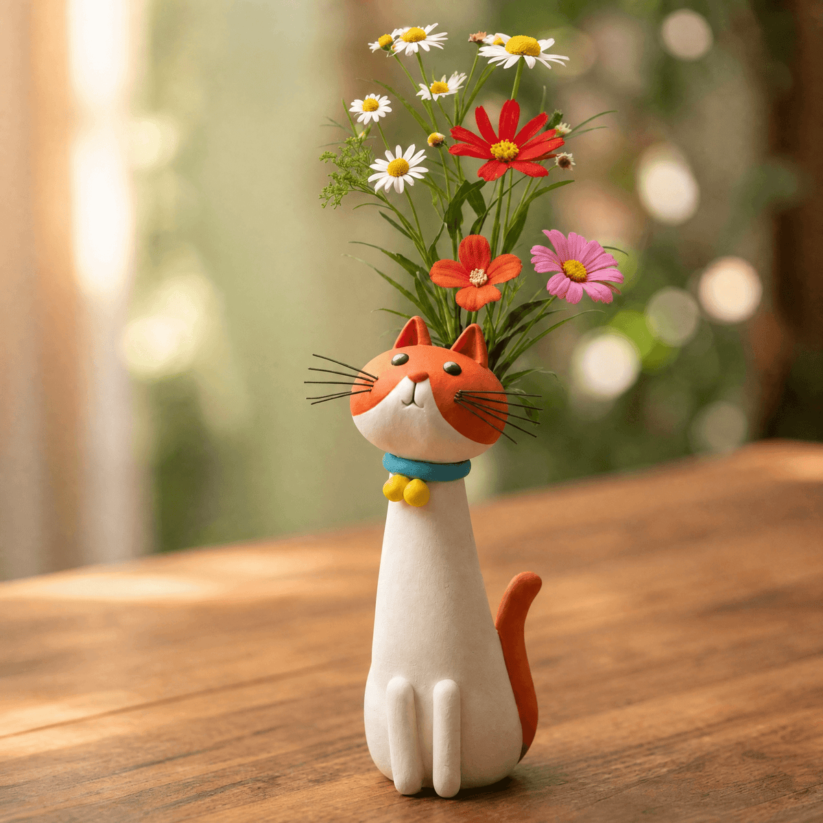 Handgemaakte keramische bloemenvaas in de vorm van een kat