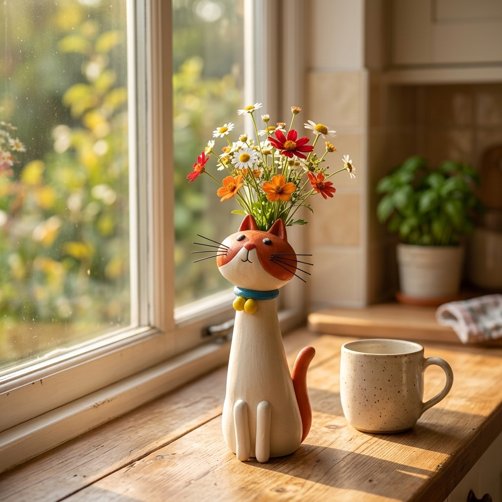 Handgemaakte keramische bloemenvaas in de vorm van een kat