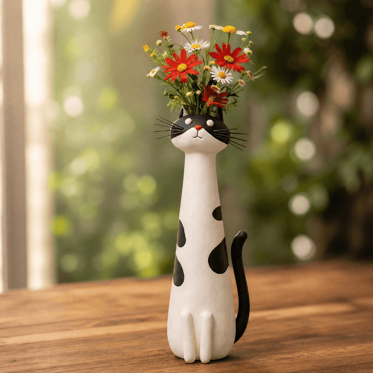 Handgemaakte keramische bloemenvaas in de vorm van een kat