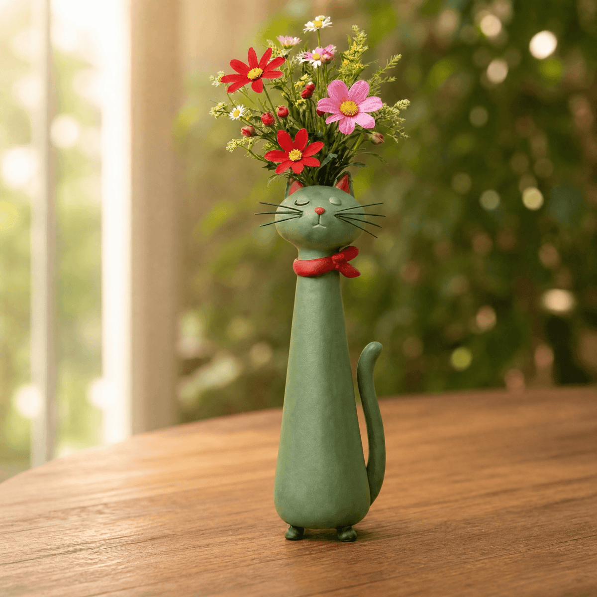 Handgemaakte keramische bloemenvaas in de vorm van een kat