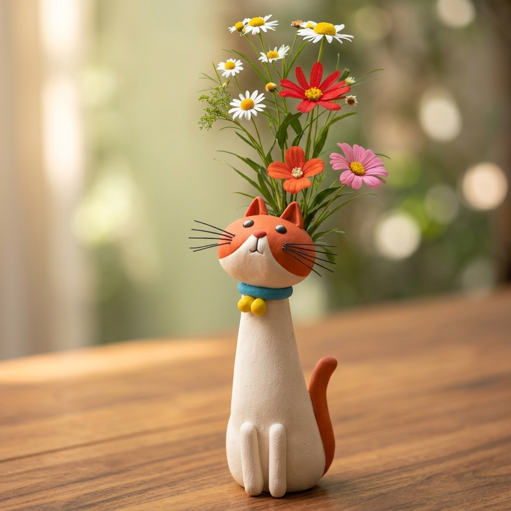 Handgemaakte keramische bloemenvaas in de vorm van een kat