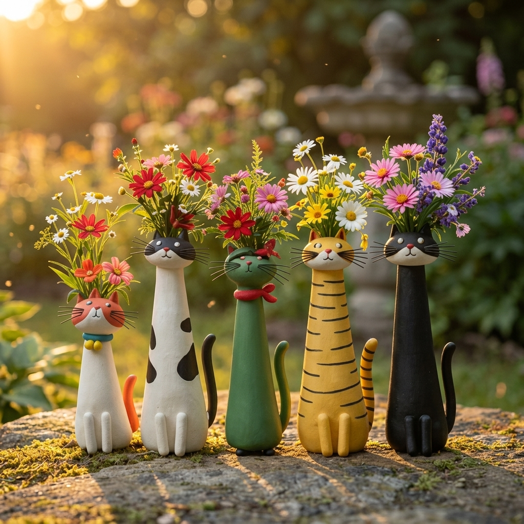 Handgemaakte keramische bloemenvaas in de vorm van een kat