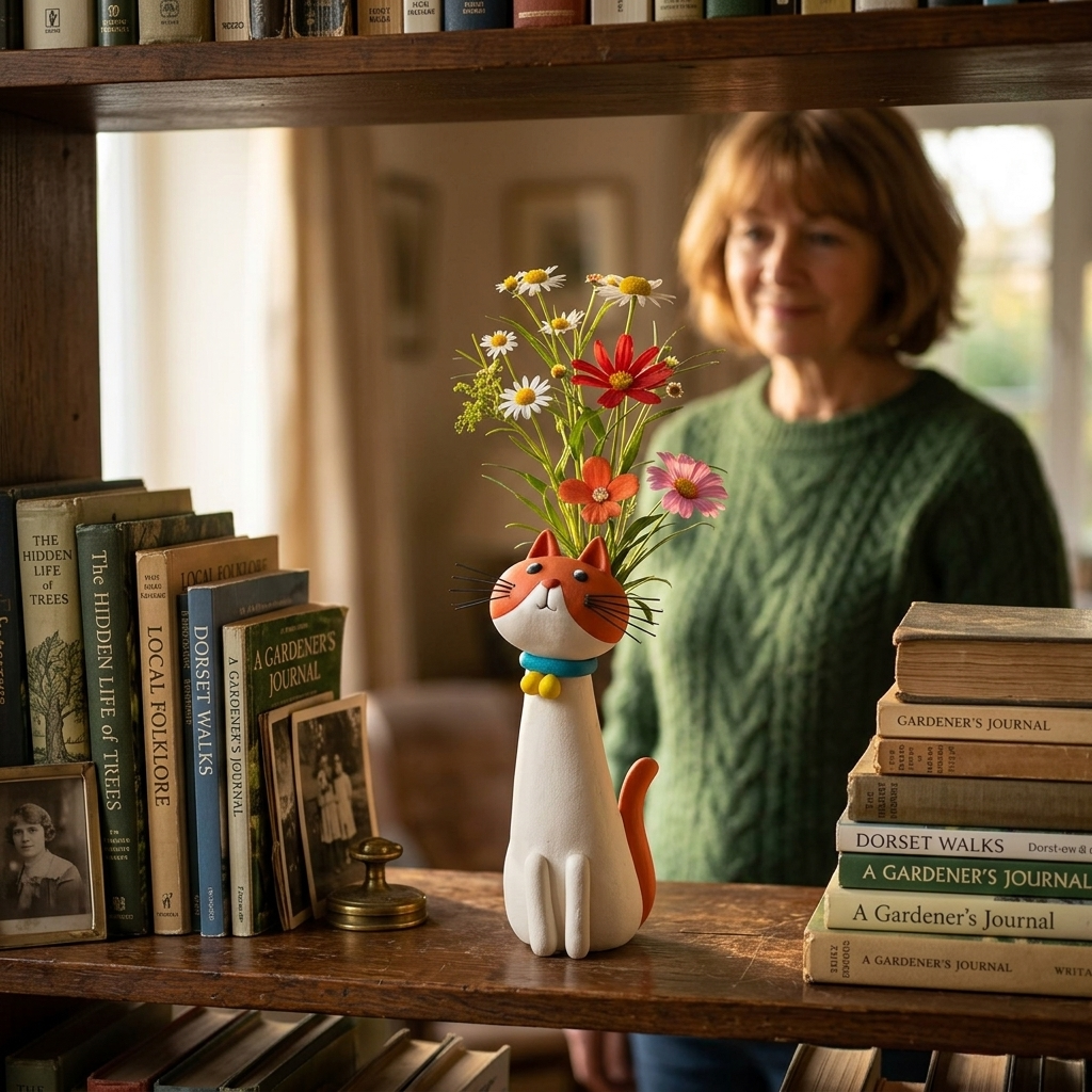 Handgemaakte keramische bloemenvaas in de vorm van een kat